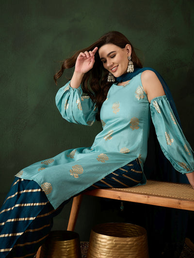 Blue Gold Printed Kurta Palazzo With Dupatta