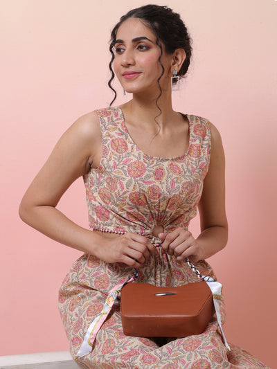 Cream Floral Print Cut-out Dress
