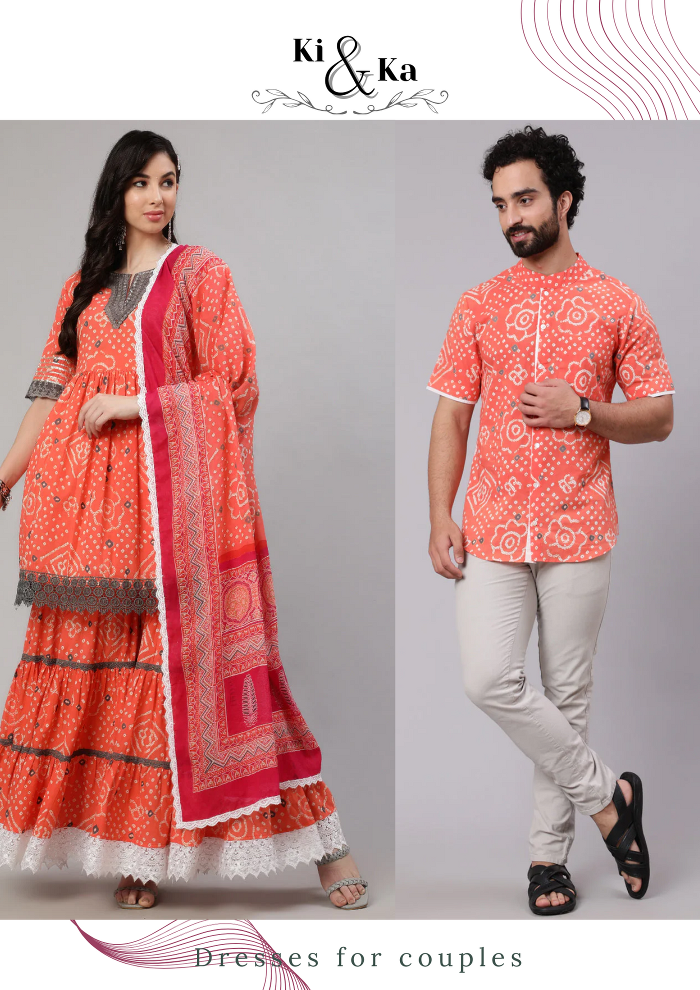 Orange Bandhani Print Couple Combo