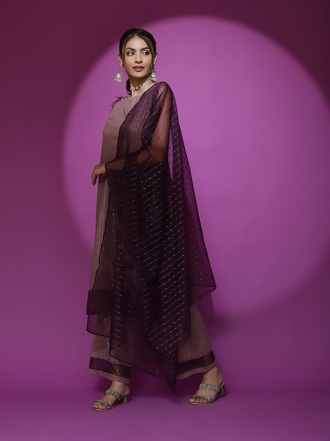 Brown Kurta Palazzo With Sequence Work Dupatta