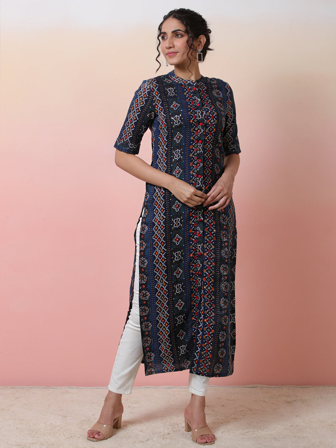 Navy Blue Gold Printed Button Down Kurta