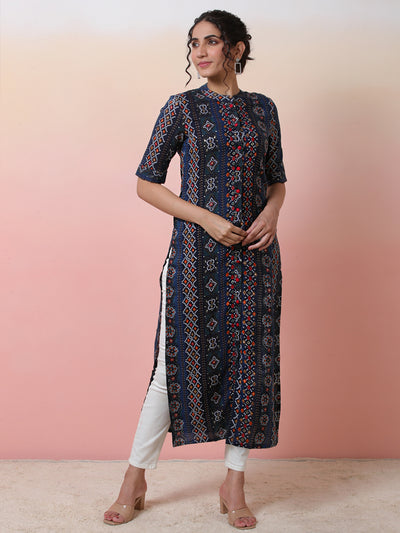 Navy Blue Gold Printed Button Down Kurta