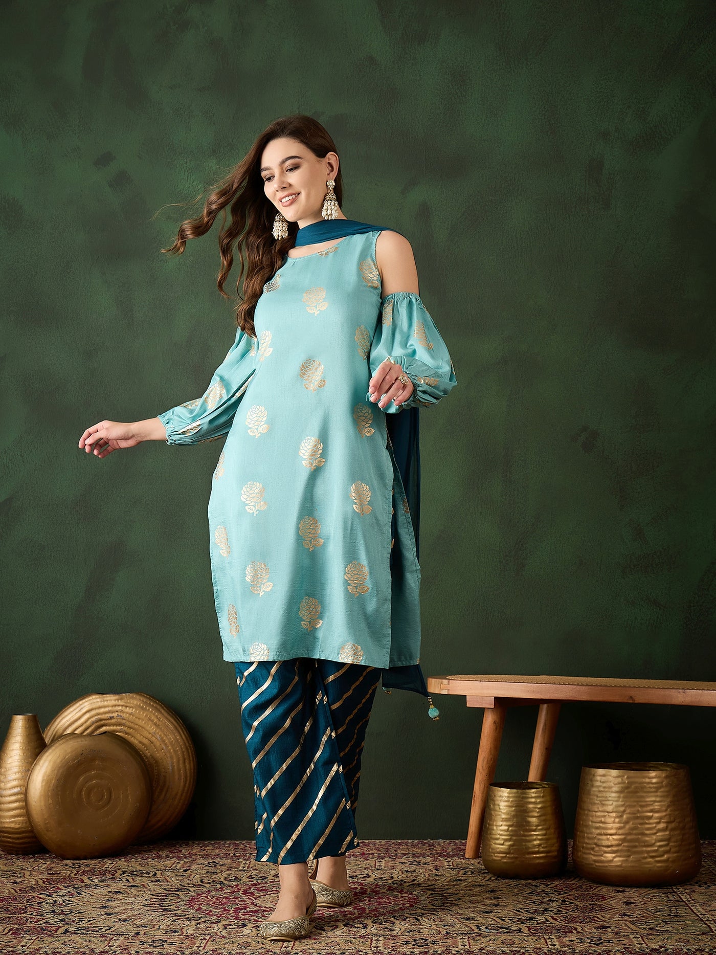 Blue Gold Printed Kurta Palazzo With Dupatta