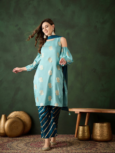 Blue Gold Printed Kurta Palazzo With Dupatta