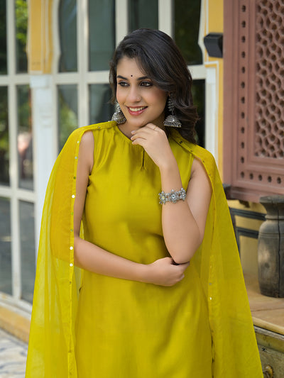 Mustard Sleevessless Kurta Sharara With Organza Sequinned Dupatta
