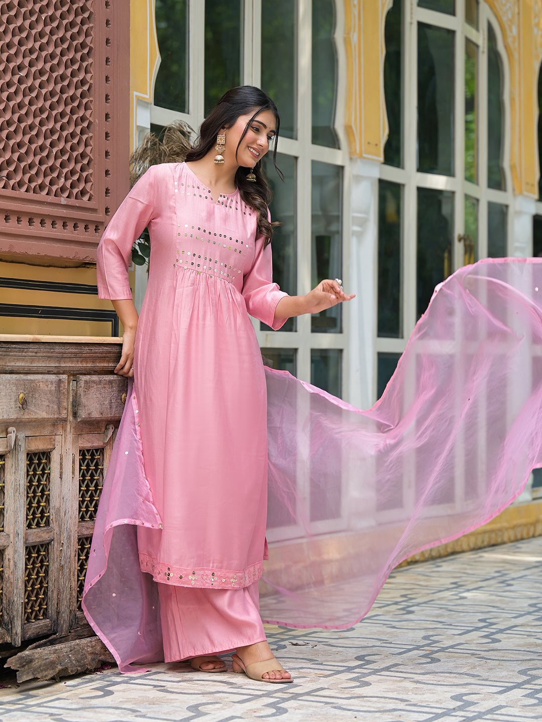 Powder Pink A-Line Kurta With Mirror Work On Dupatta
