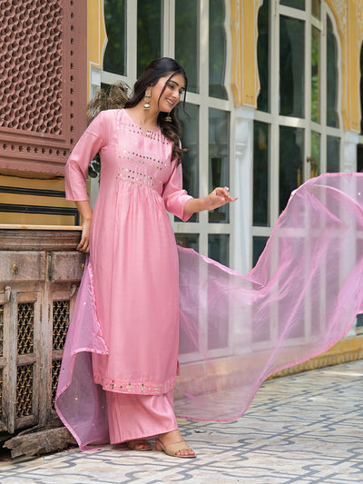 Powder Pink A-Line Kurta With Mirror Work On Dupatta