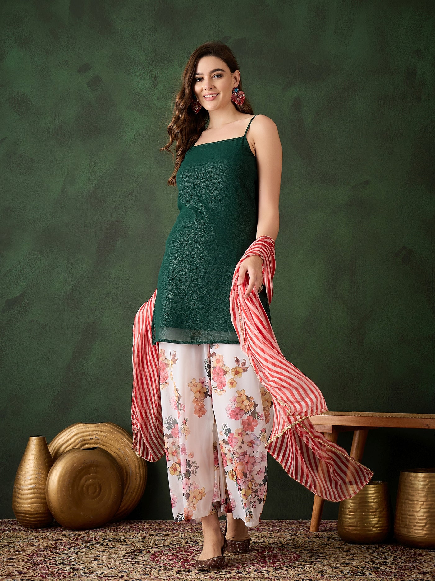Green Kurta With Floral Print Palazzo & Dupatta