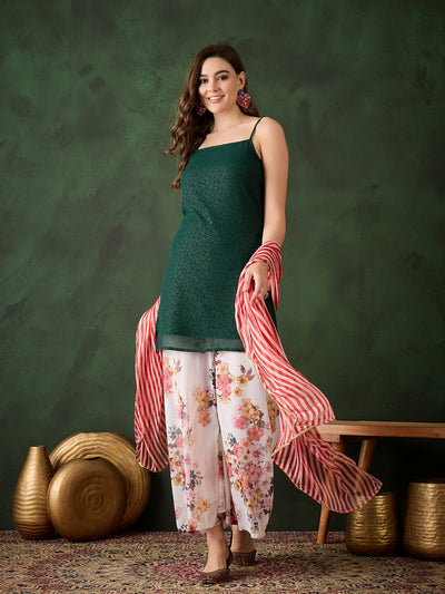 Green Kurta With Floral Print Palazzo & Dupatta