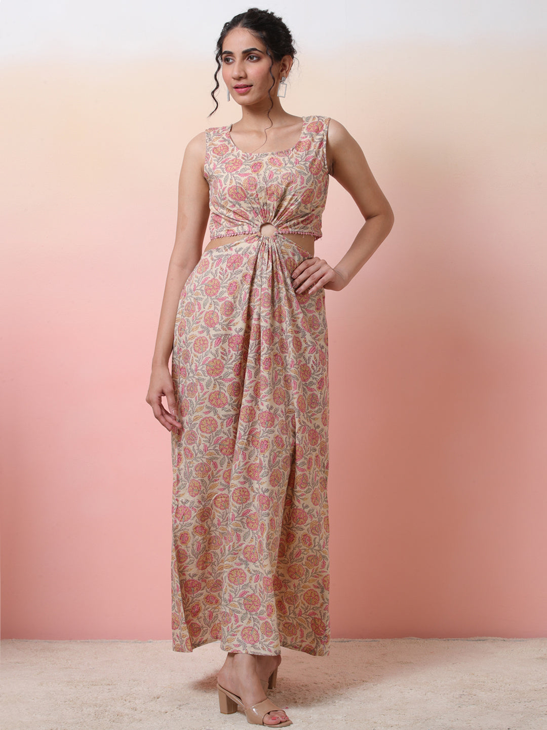 Cream Floral Print Cut-out Dress