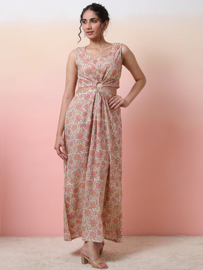 Cream Floral Print Cut-out Dress
