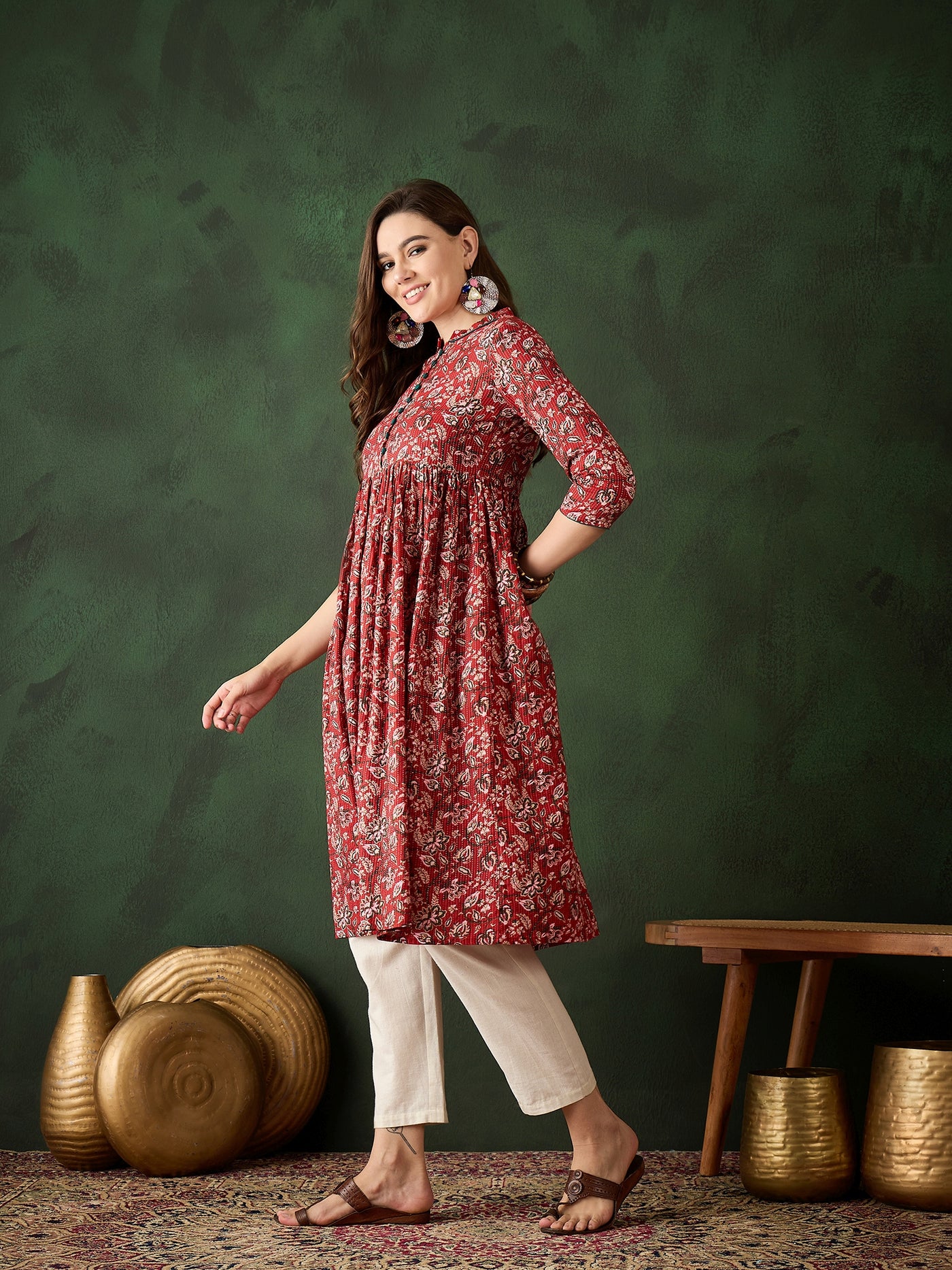 Red Floral Print Kantha Work Gathered Kurta