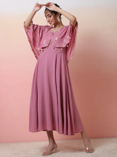 Mauve Foil Print Anarkali With Flared Sleeve