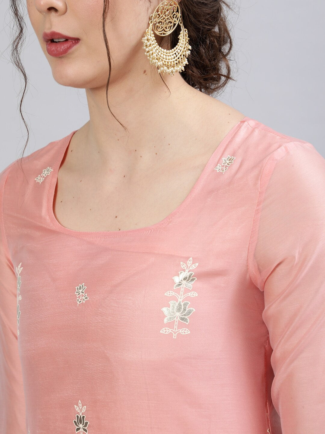 Peach Foil Print Kurta Palazzo with Dupatta