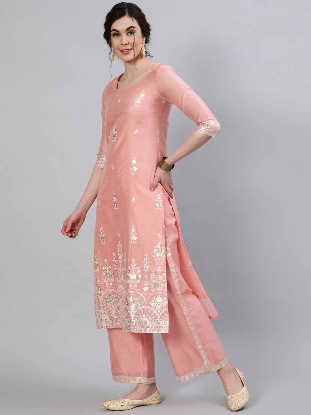 Peach Foil Print Kurta Palazzo with Dupatta