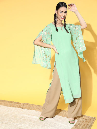 Sea Green Gold Foil Print Kurta With Potli Bag