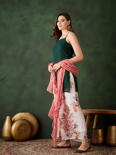 Green Kurta With Floral Print Palazzo & Dupatta