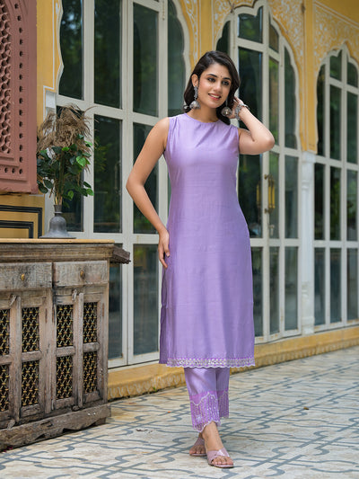 Lavender Sleevessless Kurta Sharara With Organza Sequinned Dupatta