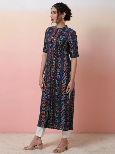 Navy Blue Gold Printed Button Down Kurta