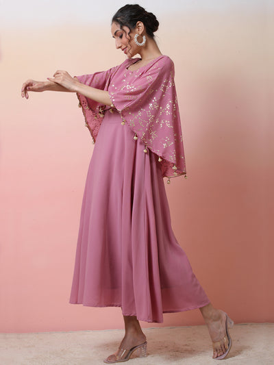 Mauve Foil Print Anarkali With Flared Sleeve