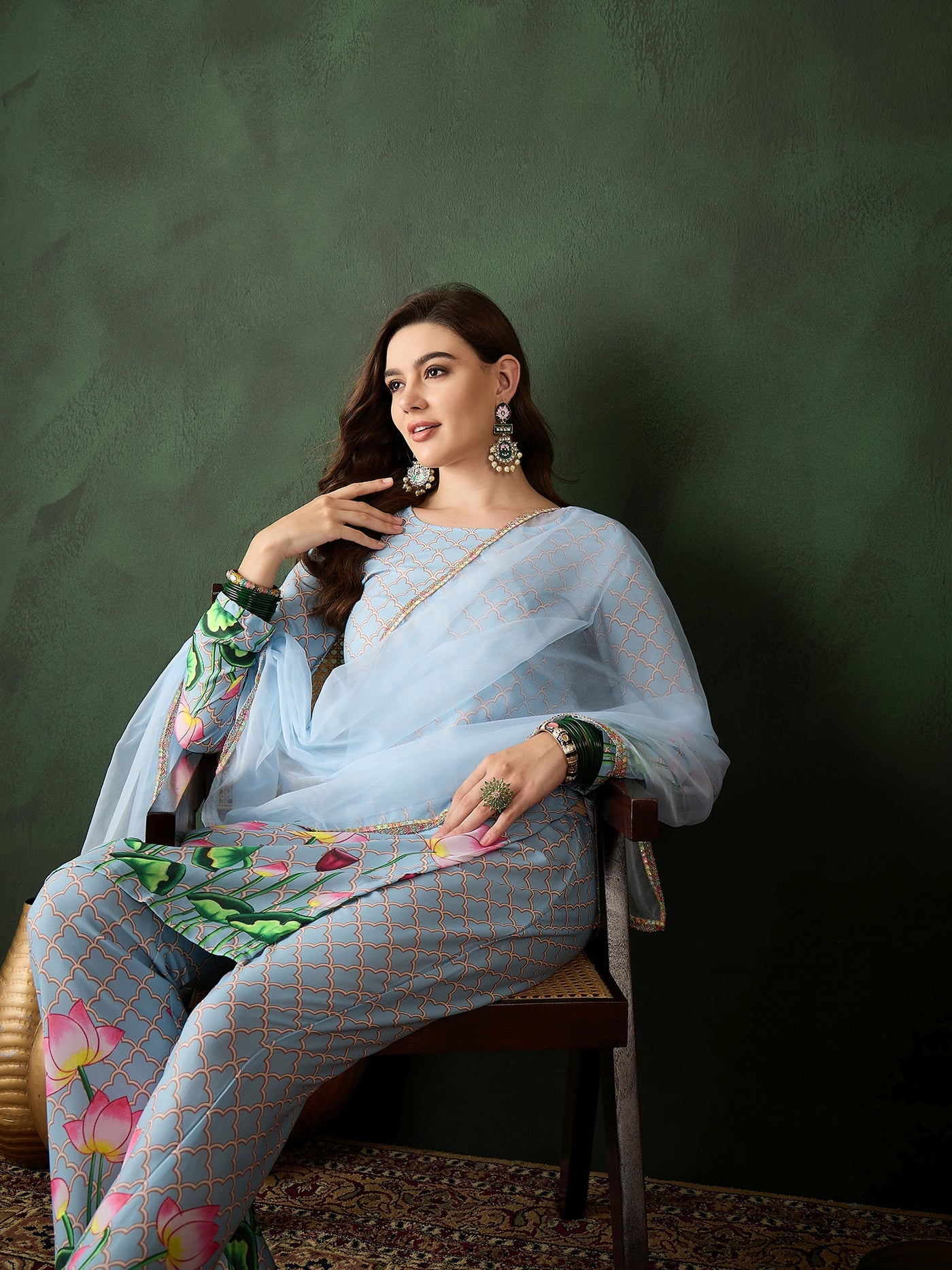 Blue Pichwai Print Kurta Palazzo With Dupatta