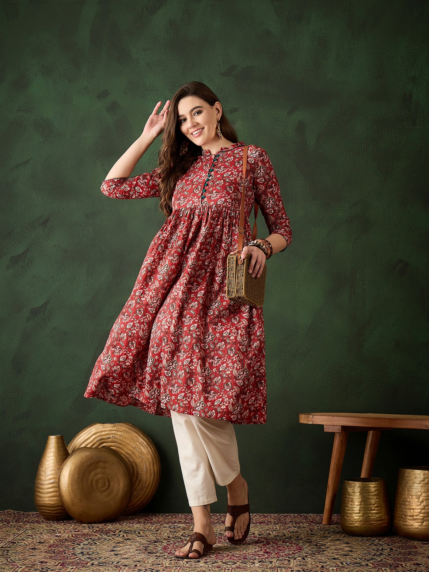 Red Floral Print Kantha Work Gathered Kurta