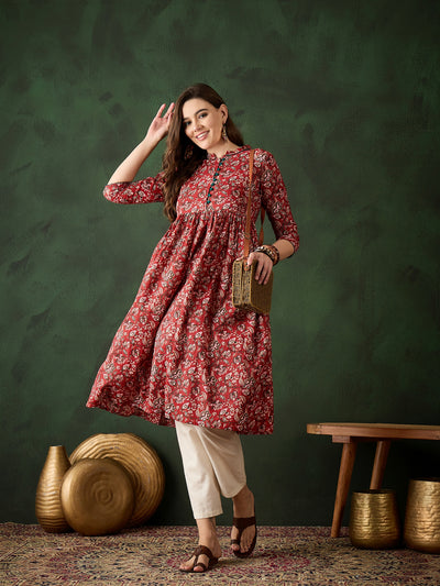 Red Floral Print Kantha Work Gathered Kurta