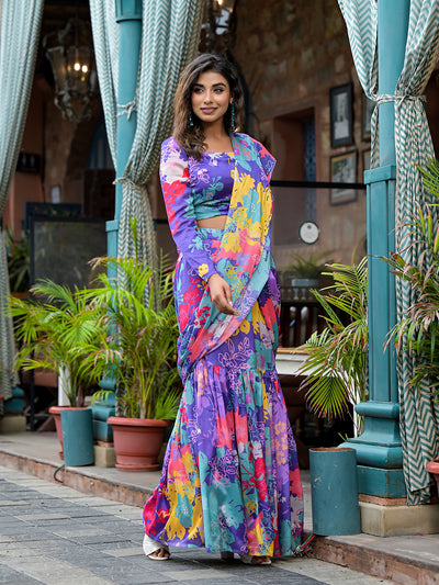 Purple Digital printed Ready To Wear Saree
