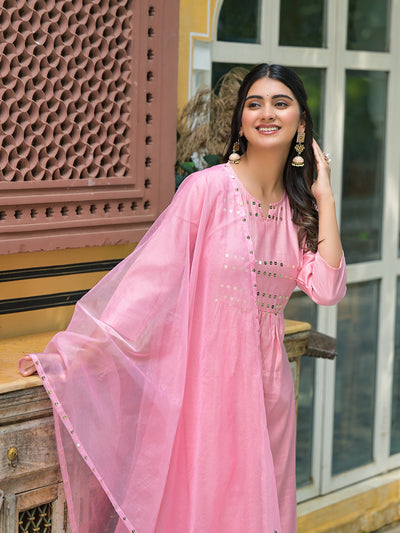 Powder Pink A-Line Kurta With Mirror Work On Dupatta