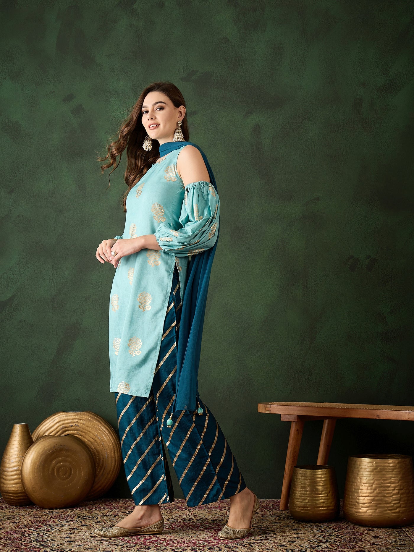 Blue Gold Printed Kurta Palazzo With Dupatta