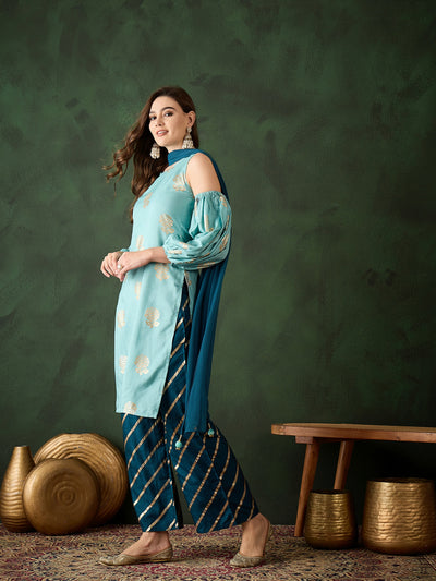Blue Gold Printed Kurta Palazzo With Dupatta
