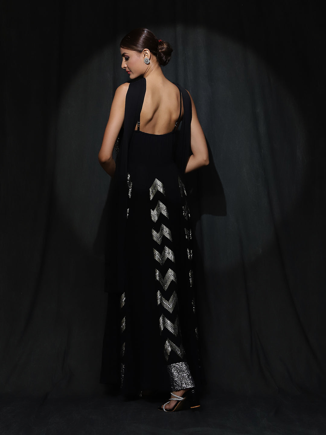 Black Sequin Pleated Maxi Dress