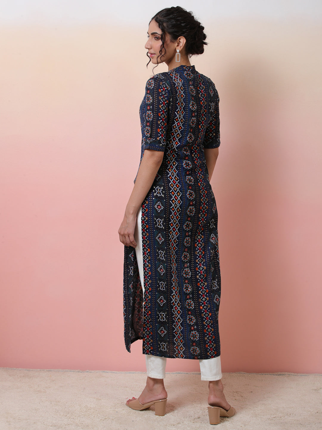Navy Blue Gold Printed Button Down Kurta