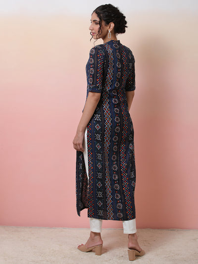 Navy Blue Gold Printed Button Down Kurta