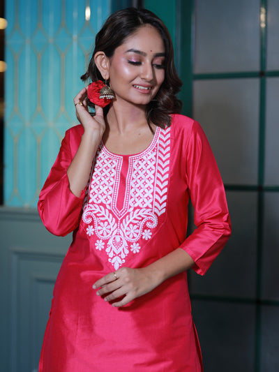 Hot Pink Embroidered Cotton Silk Kurta Set