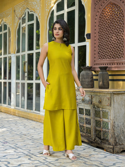 Mustard Sleevessless Kurta Sharara With Organza Sequinned Dupatta