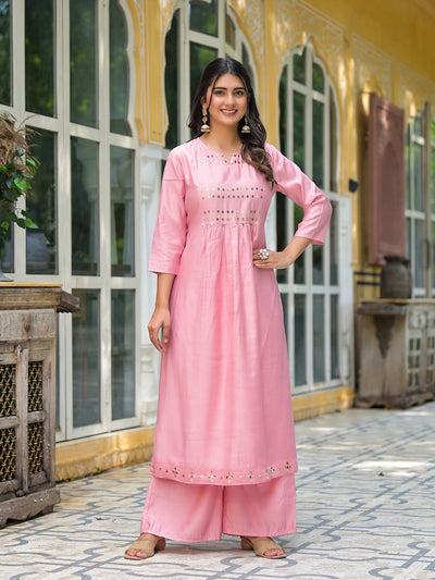 Powder Pink A-Line Kurta With Mirror Work On Dupatta