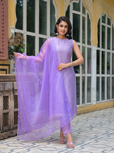Lavender Sleevessless Kurta Sharara With Organza Sequinned Dupatta