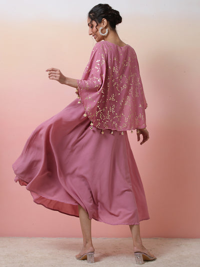 Mauve Foil Print Anarkali With Flared Sleeve