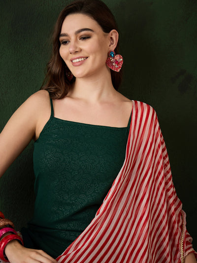 Green Kurta With Floral Print Palazzo & Dupatta