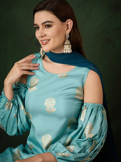 Blue Gold Printed Kurta Palazzo With Dupatta