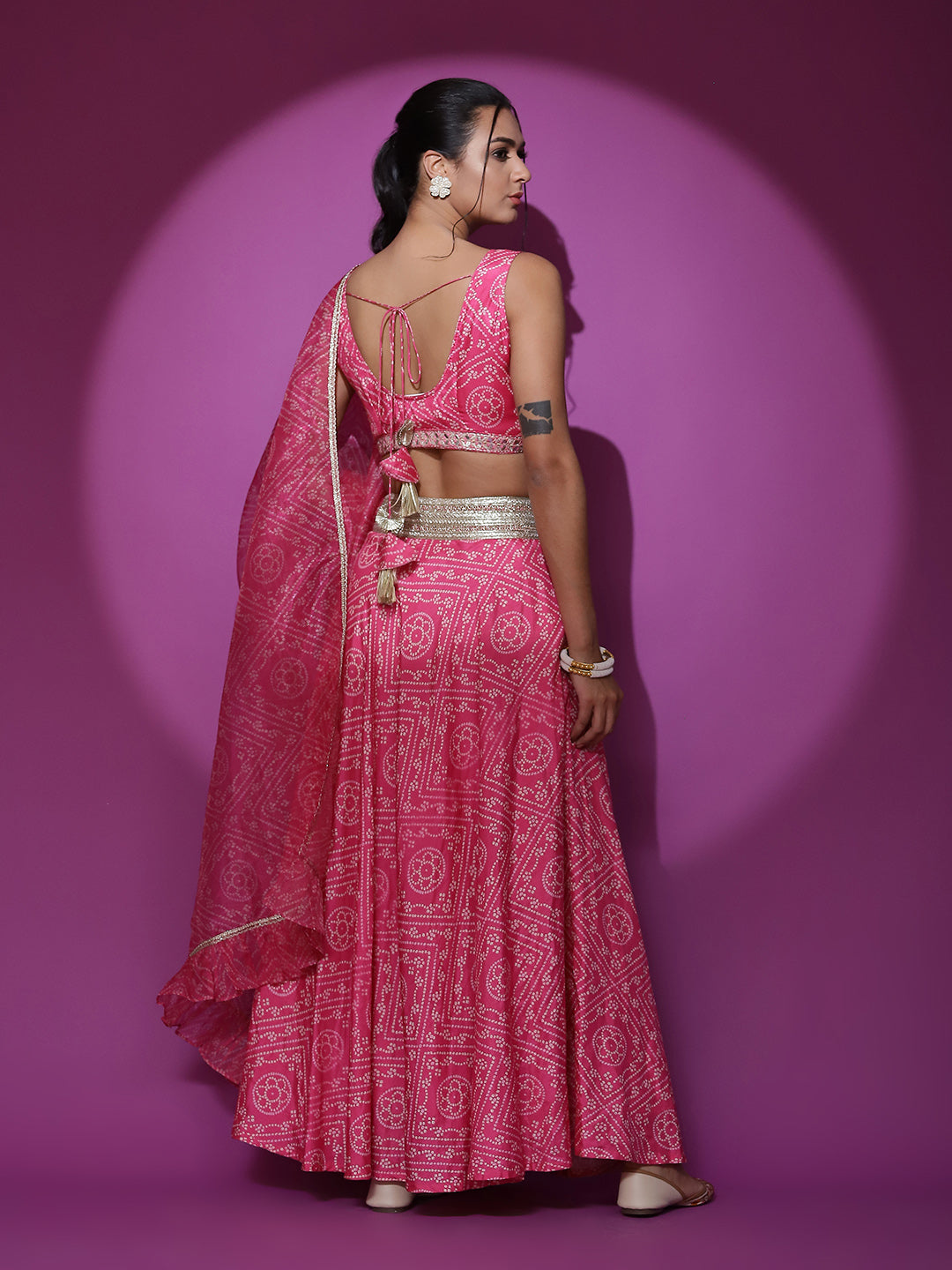 Pink Embroidered Bandhani Print Lehenga Choli With Dupatta