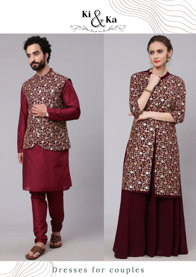 Wine Floral Embroidered Couple Combo