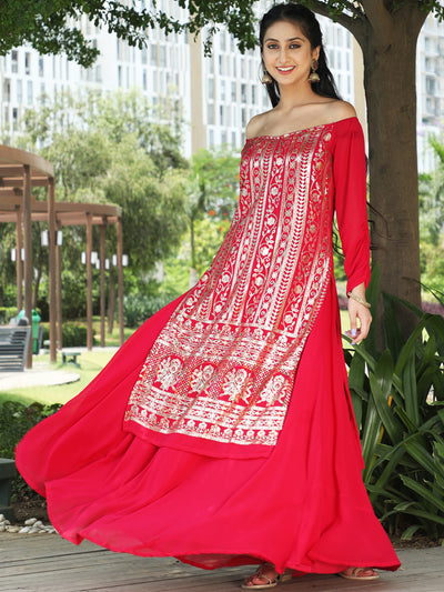 Maroon Sequined Kurta With Flared Skirt