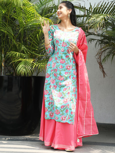 Blue Floral Print Straight Kurta With Palazzo