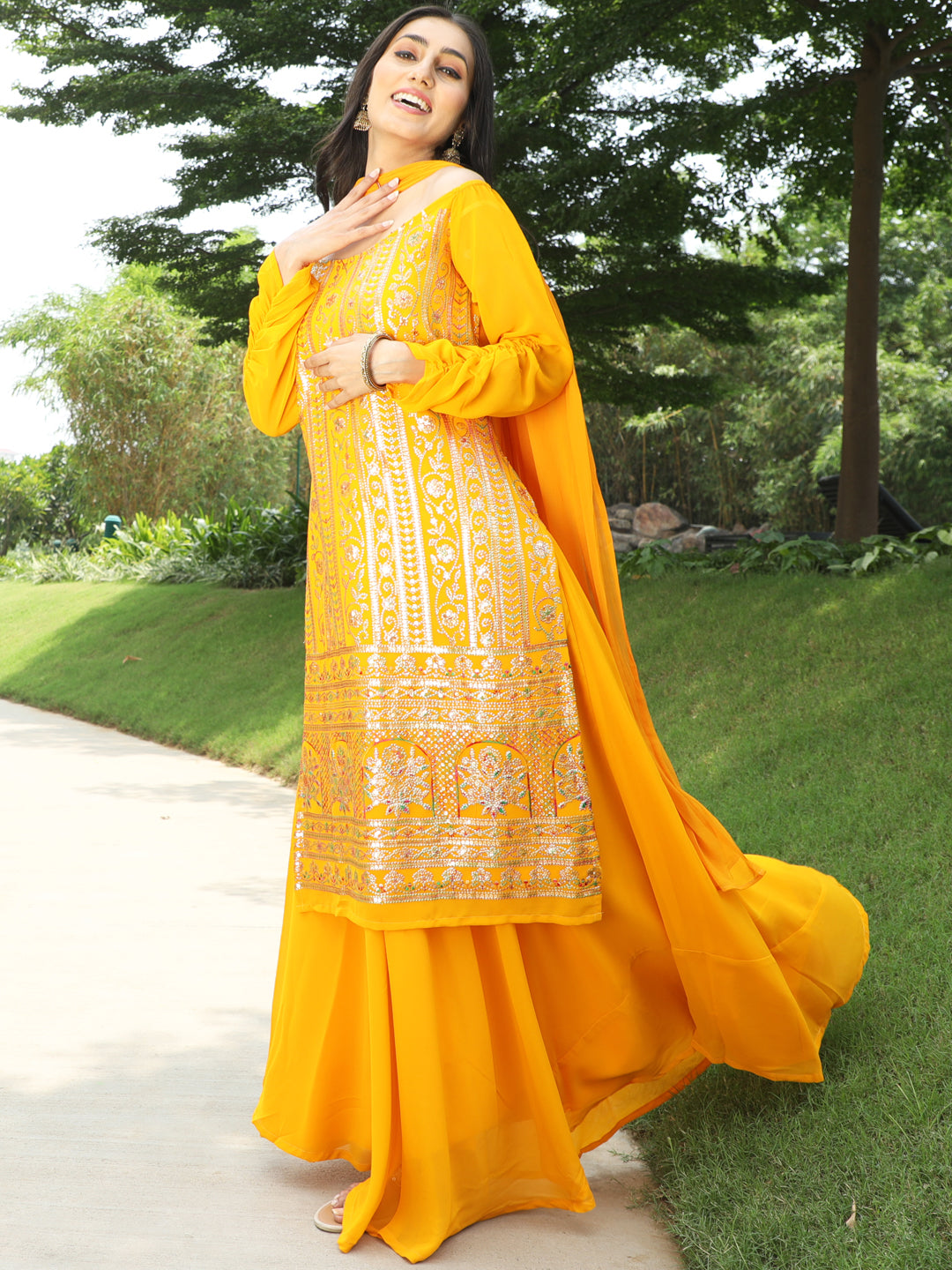 Yellow Sequin Kurta With Flared Skirt