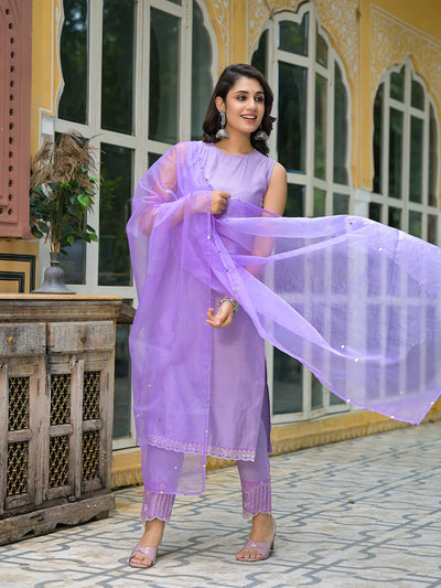 Lavender Sleevessless Kurta Sharara With Organza Sequinned Dupatta