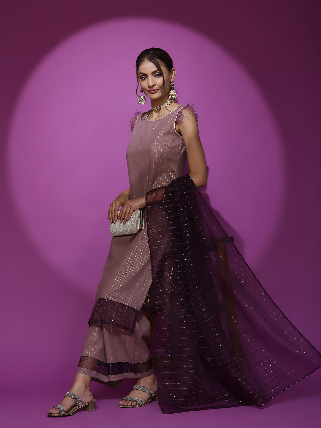 Brown Kurta Palazzo With Sequence Work Dupatta