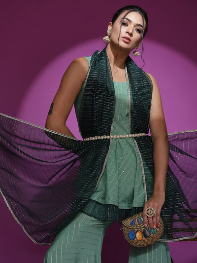 Green Sequin Kurta Sharara With Dupatta