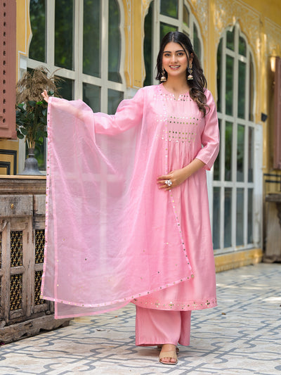 Powder Pink A-Line Kurta With Mirror Work On Dupatta